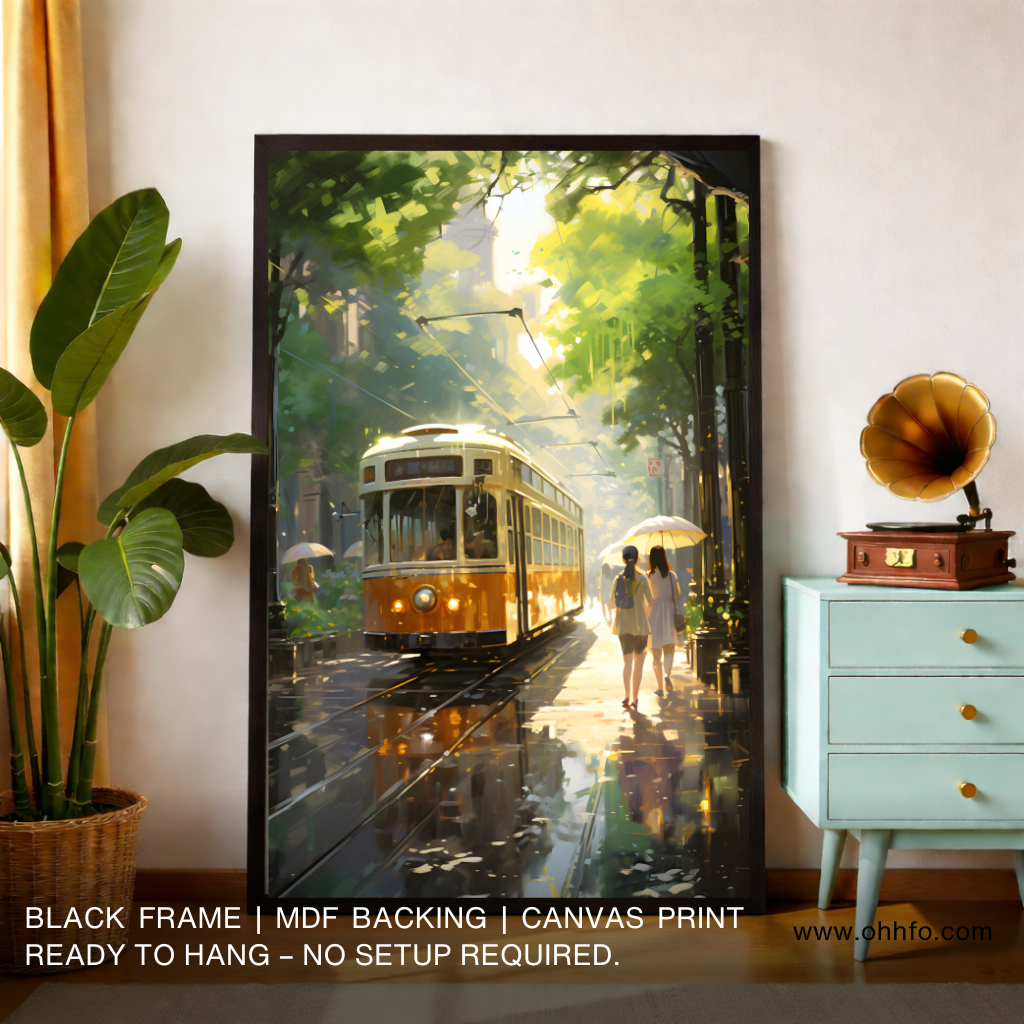 Tram Street Canvas Wall Art – City Evening Painting