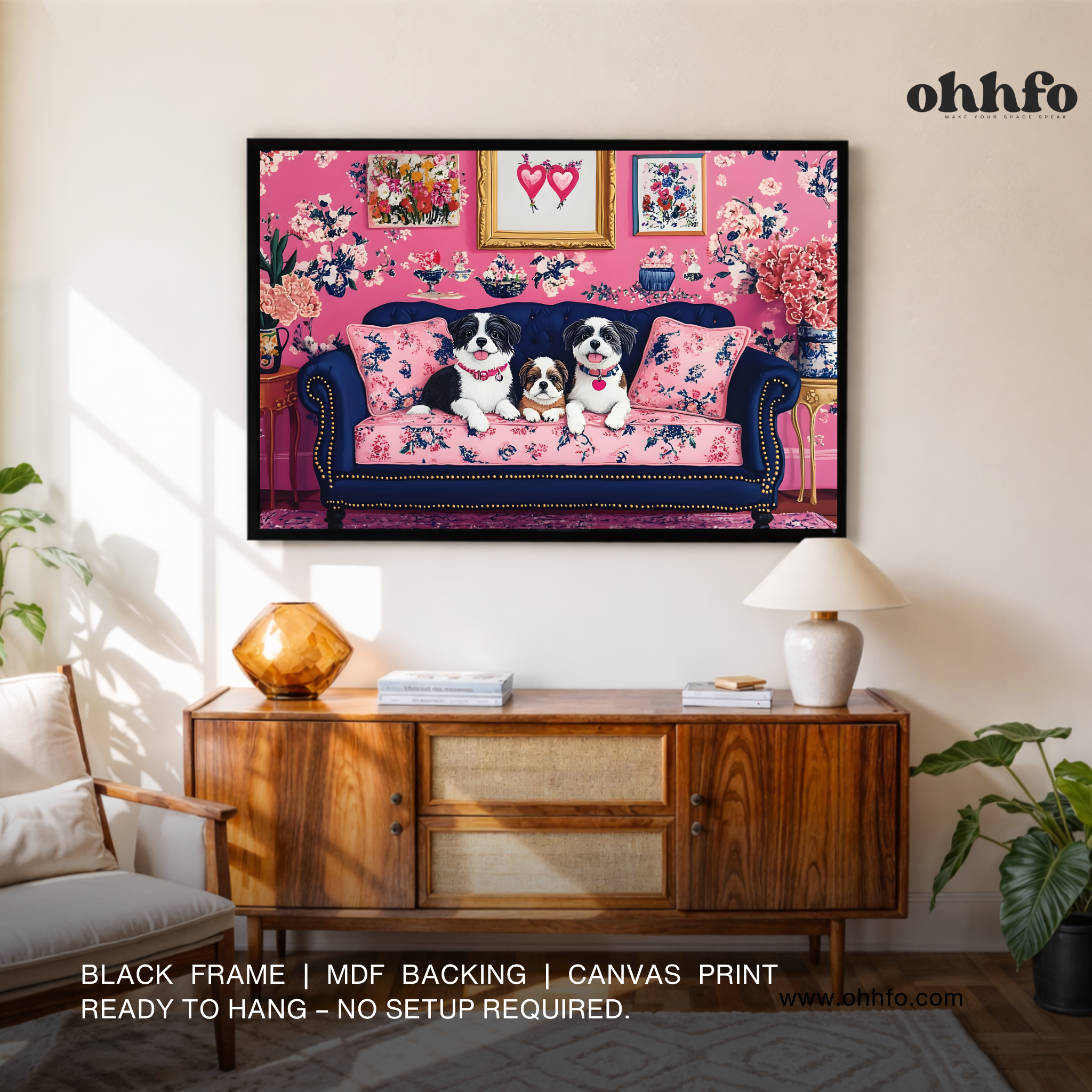 Cute Dogs on Floral Sofa Canvas Wall Art