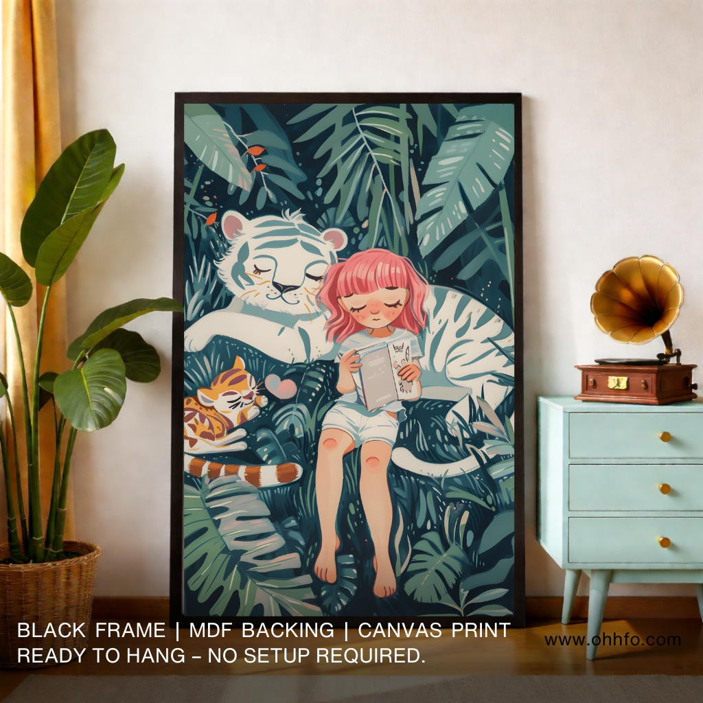 Cute Girl & White Tiger Nursery Canvas Wall Art