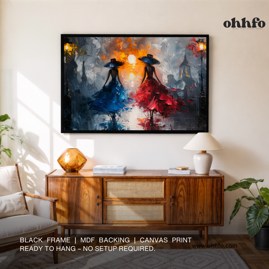 Midnight Elegance – Women in Red & Blue Dress Canvas Wall Art