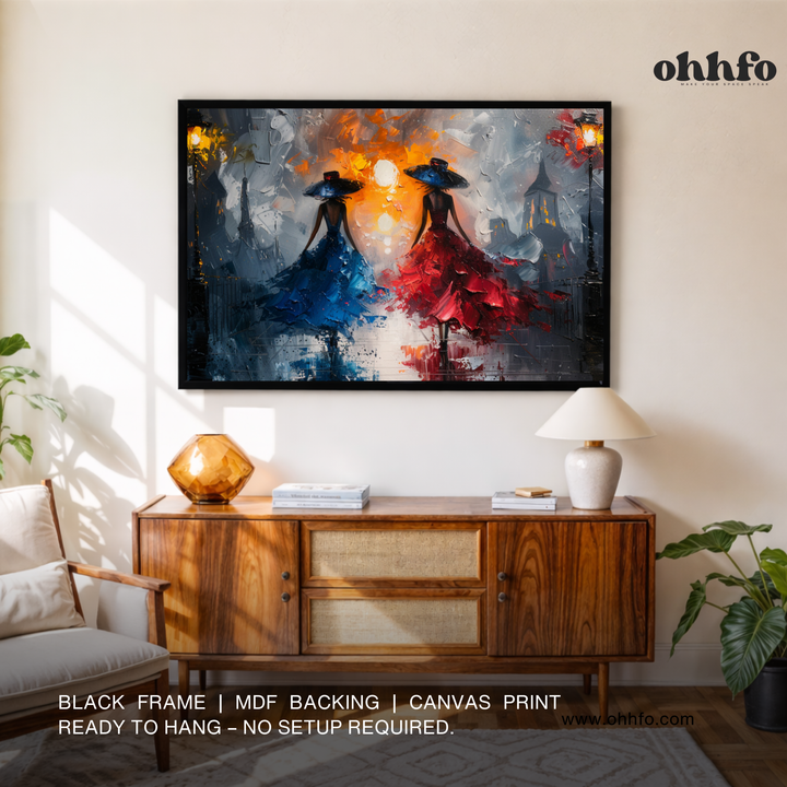 Midnight Elegance – Women in Red & Blue Dress Canvas Wall Art