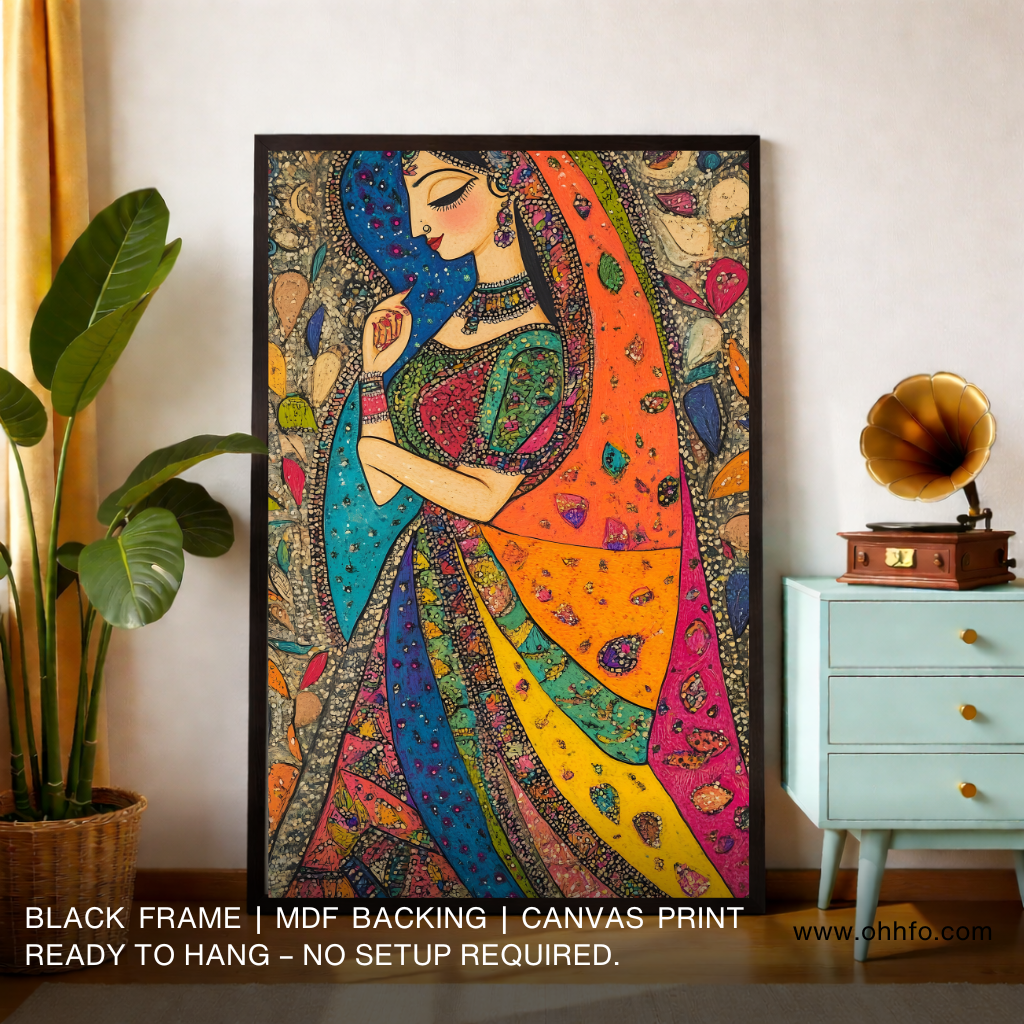 Colorful Rajasthani Woman Canvas Wall Art – Traditional Indian Painting