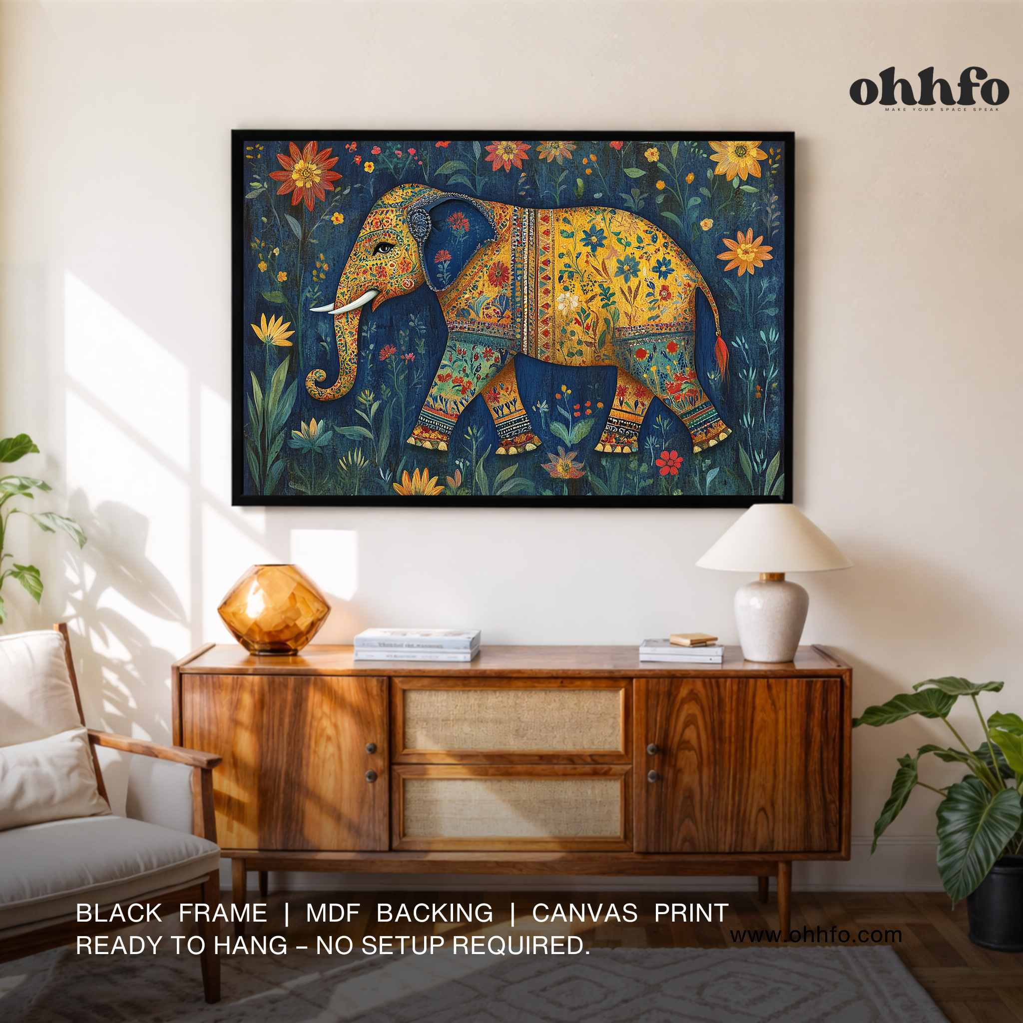 Floral Elephant Canvas Wall Art – Traditional Indian Folk Décor