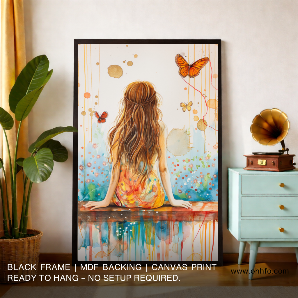 Girl Watching Butterfly Wall Art – Abstract Canvas Print for Calm & Whimsical Home Decor