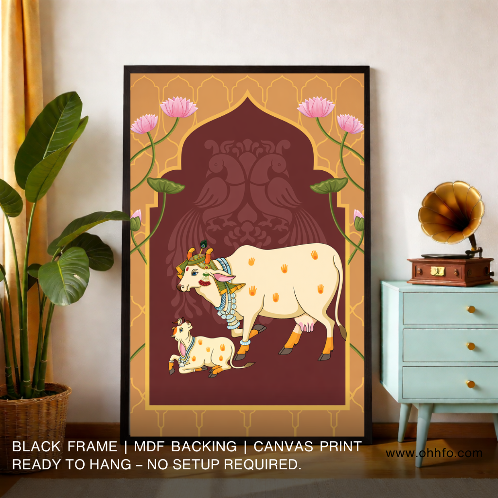 Sacred Cow & Calf Canvas Wall Art – Traditional Hindu Religious Decor