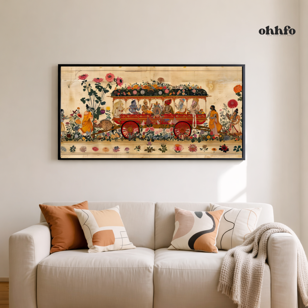 Traditional Indian Rath Yatra Chariot Wall Art with Botanical Floral Border
