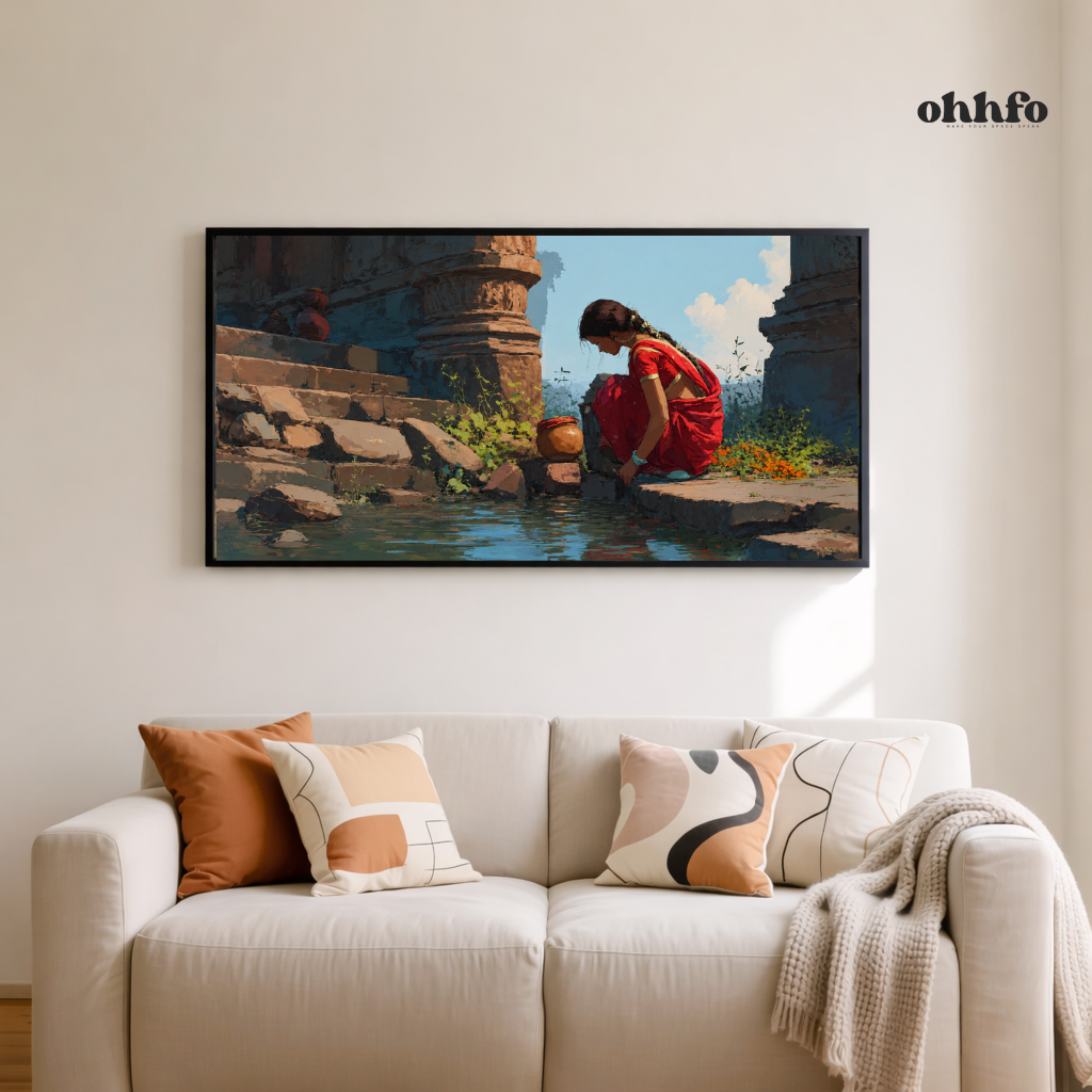 Indian Village Woman by Water Canvas Wall Art