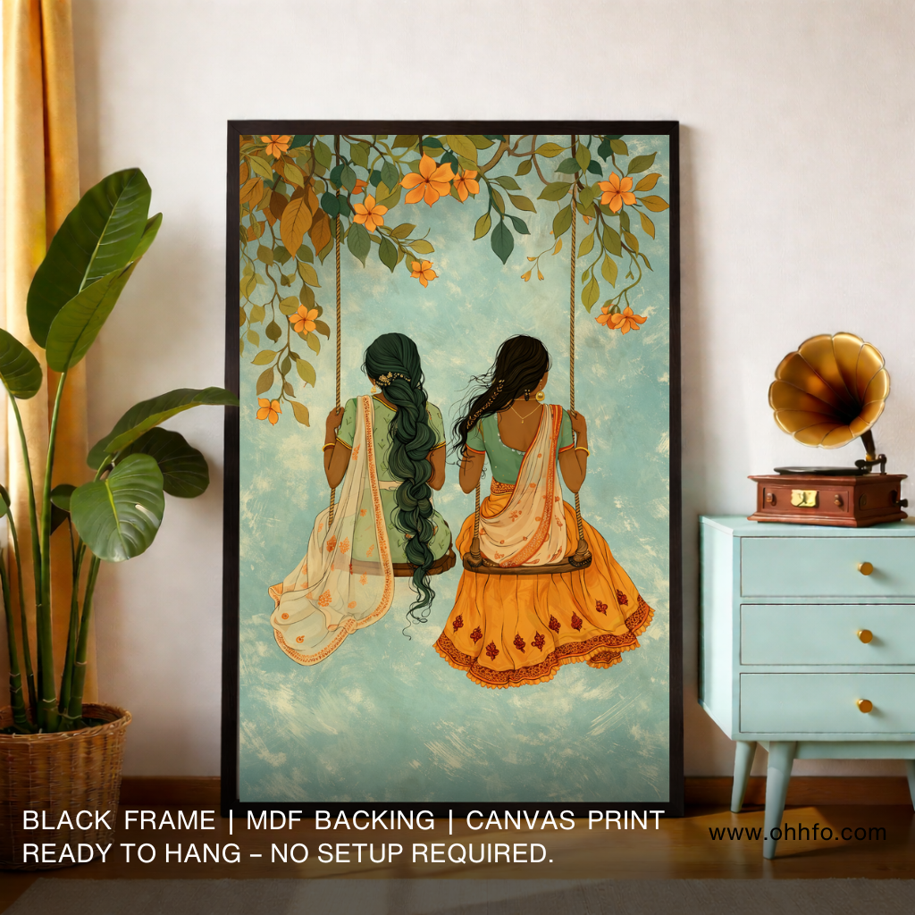 Golden Swing of Memories – Indian Women on Floral Jhula Canvas Wall Art