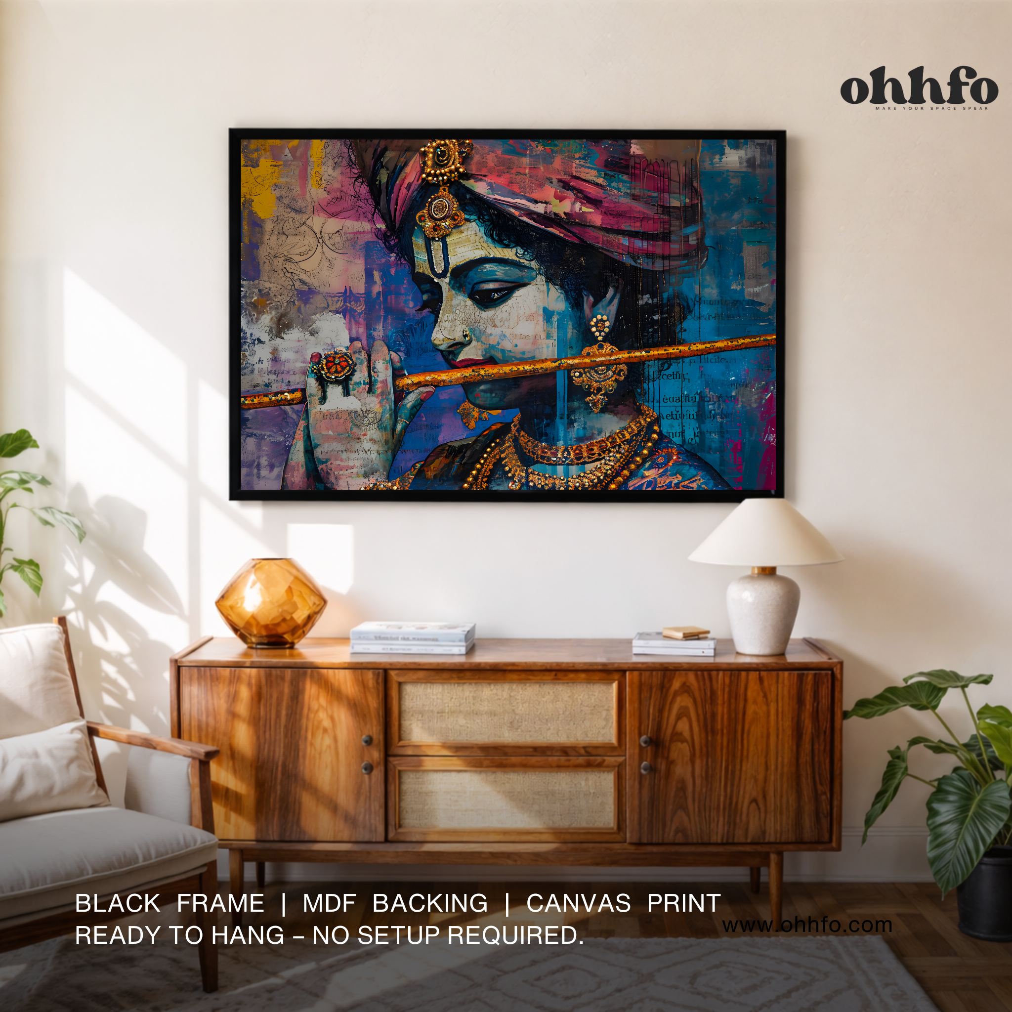Framed Krishna Playing Bansuri Wall Art – Divine Indian Spiritual Decor