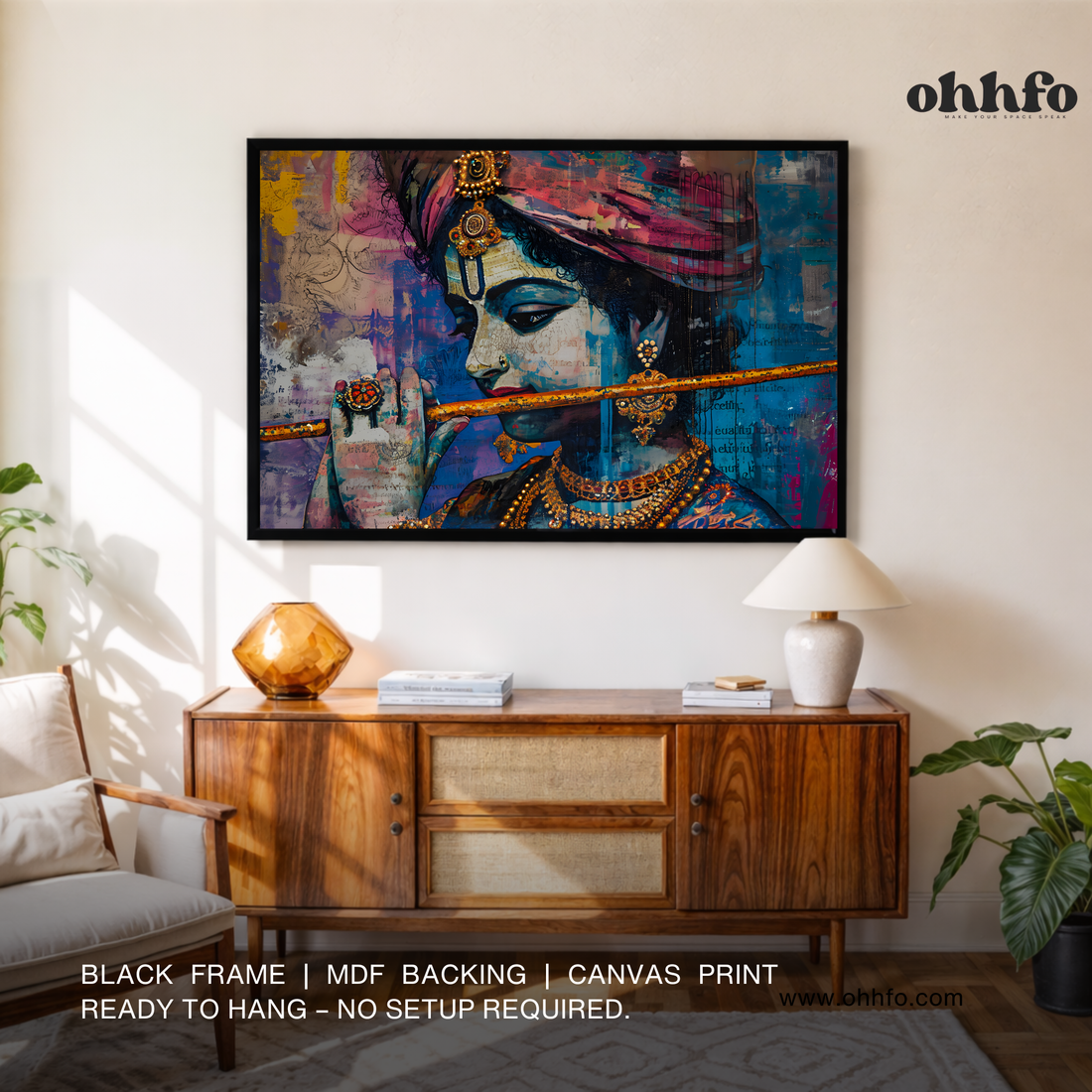 Framed Krishna Playing Bansuri Wall Art – Divine Indian Spiritual Decor