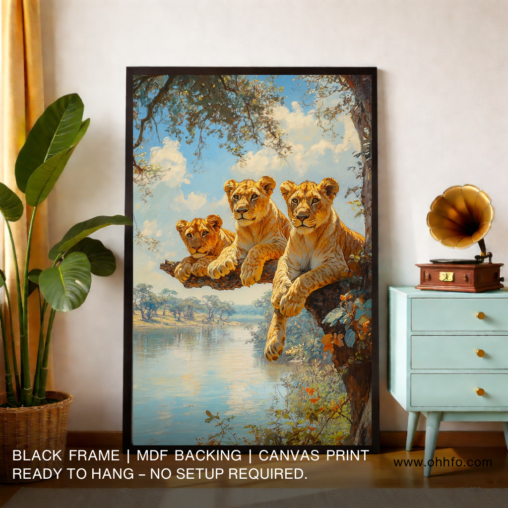 Lion Family Canvas Wall Art – Majestic Wildlife Safari Nature Painting