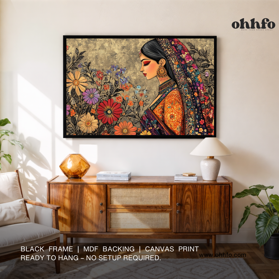 Traditional Indian Woman Canvas Wall Art – Madhubani Style Floral Décor