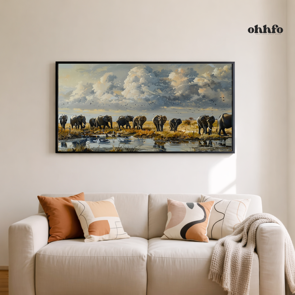 Majestic Elephant Herd at Watering Hole Wall Art