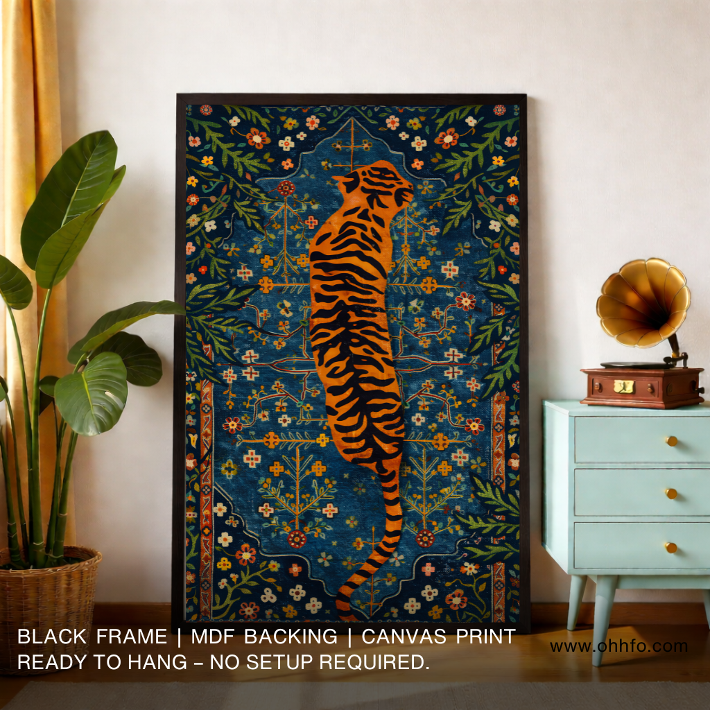 Majestic Tiger Folk Art Canvas Wall Art with Floral Pattern