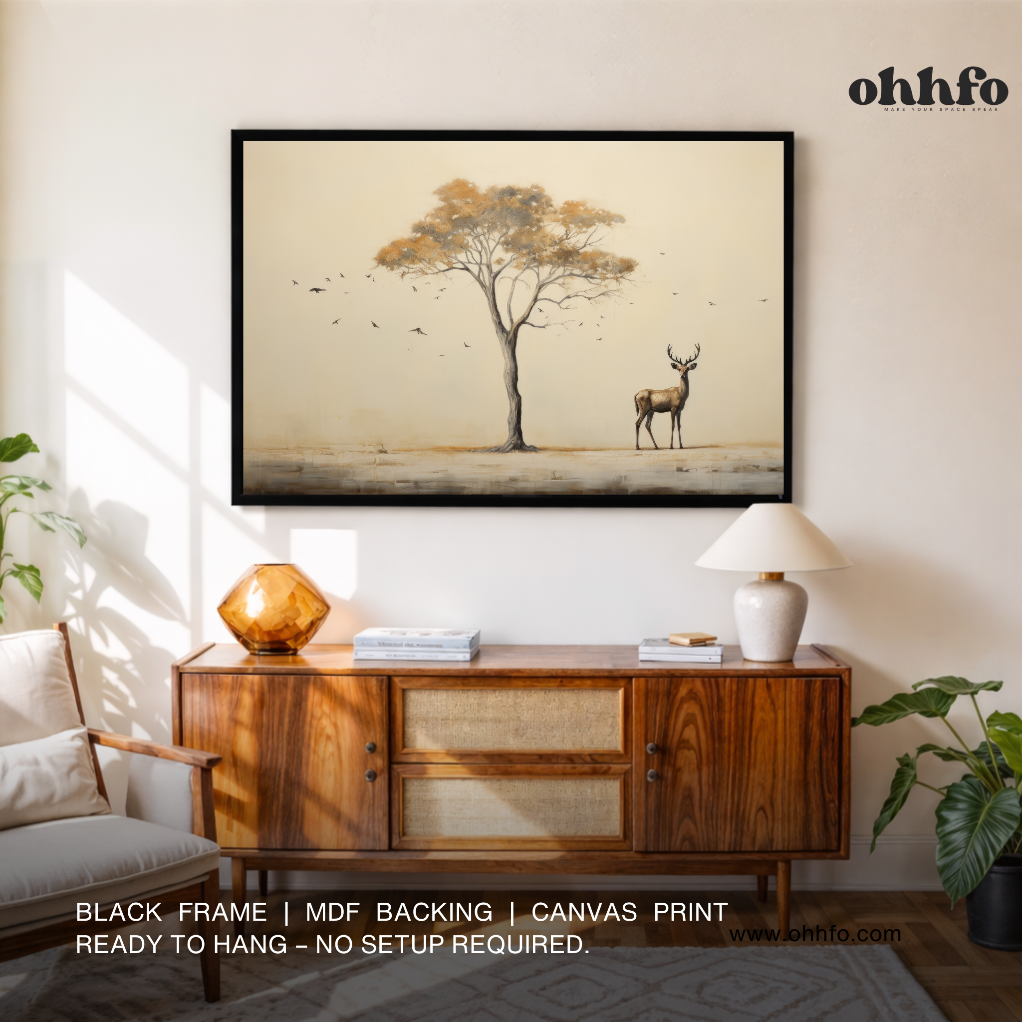 Minimalist Deer Under Tree Canvas Wall Art