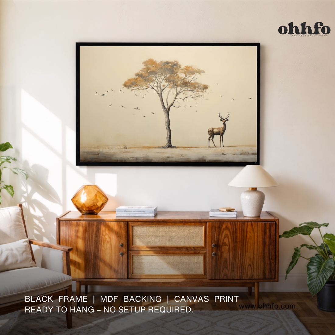 Minimalist Deer Under Tree Canvas Wall Art
