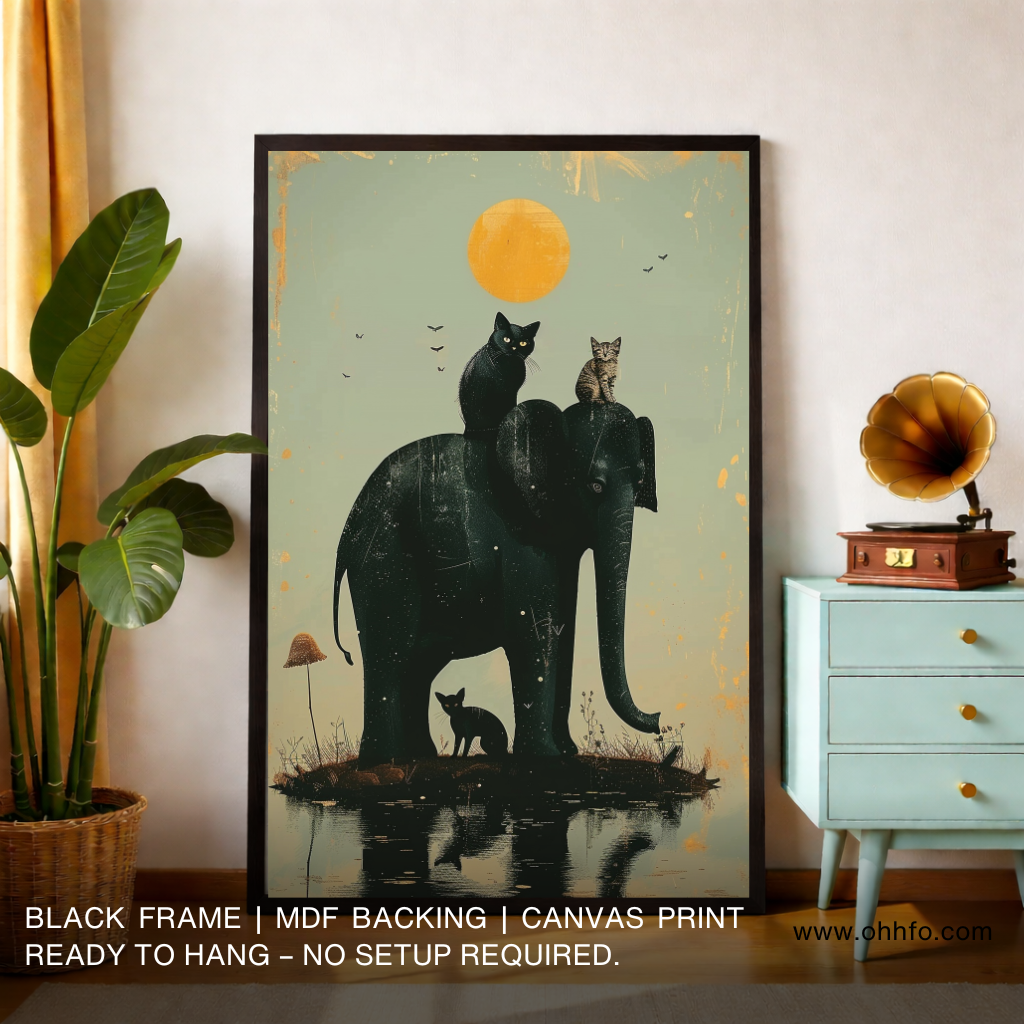 Elephant and Cats Canvas Wall Art– Moonlight Animal Painting