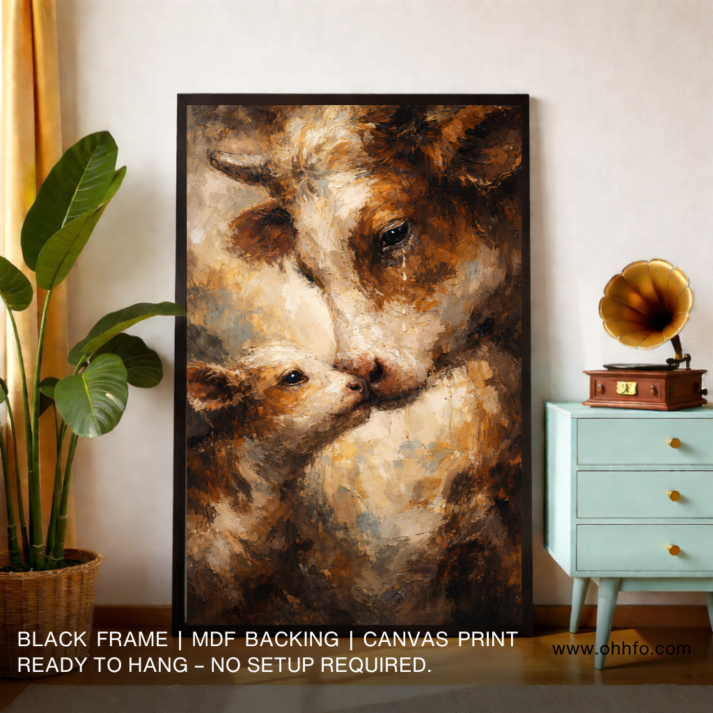 Mother Cow and Calf Emotional Canvas Wall Art