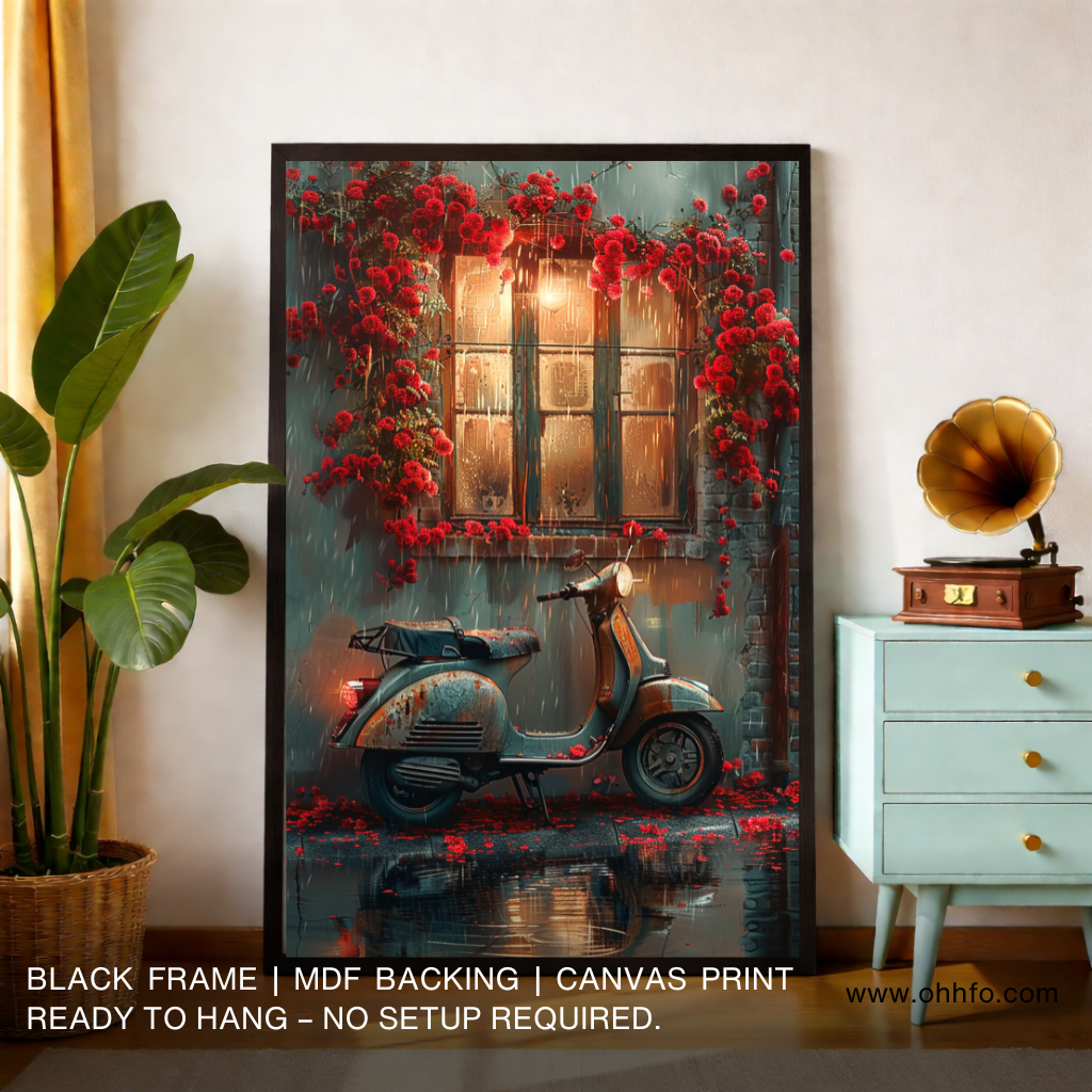 Romantic Scooter by Window Canvas Wall Art