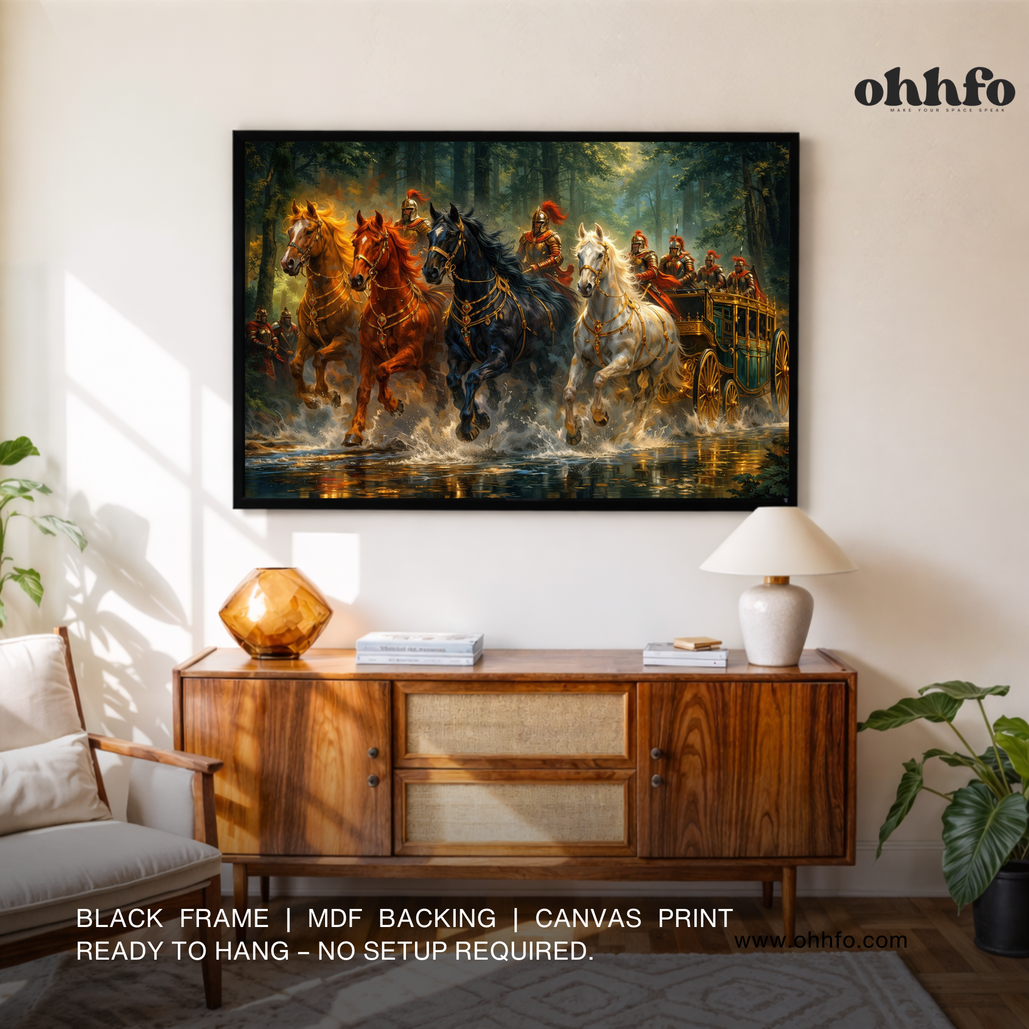 Royal Warrior Chariot Wall Art – Majestic Horses Canvas Painting