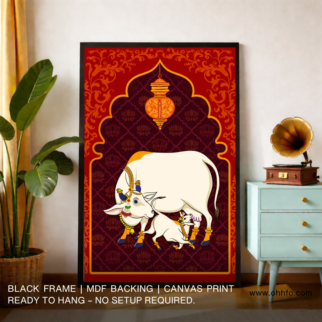 Sacred Cow and Calf Canvas Wall Art – Traditional Hindu Religious Decor