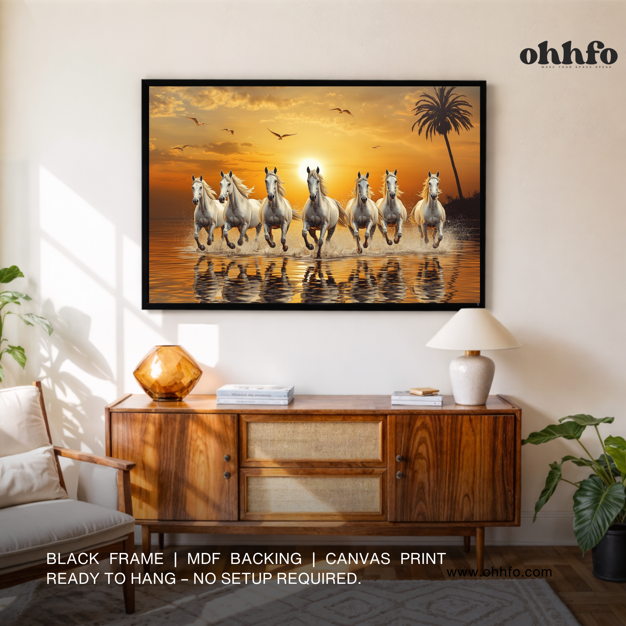 Seven Running Horses Canvas Wall Art - Vastu-Inspired Sunset Painting for Home & Office Decor