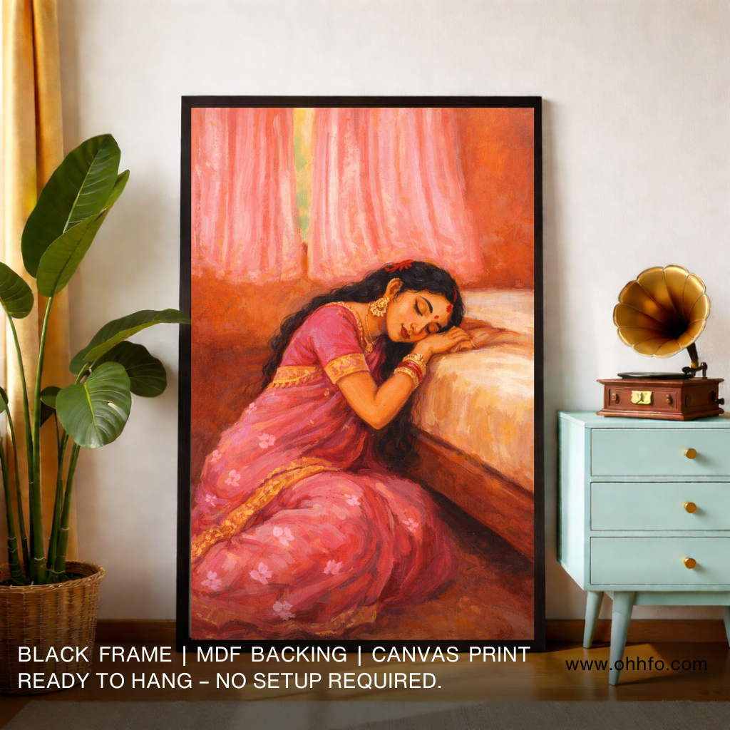 Serene Sleeping Woman in Pink Saree – Traditional Indian Emotional Wall Art