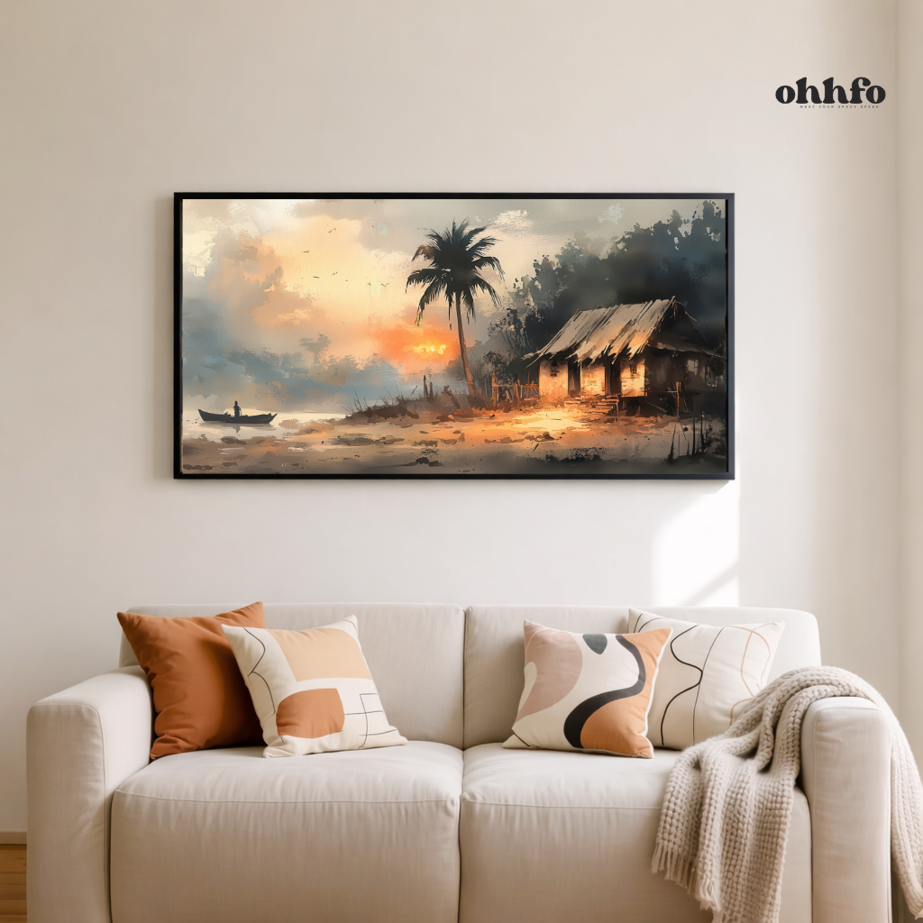 Tranquil Riverside Hut Sunset Wall Art