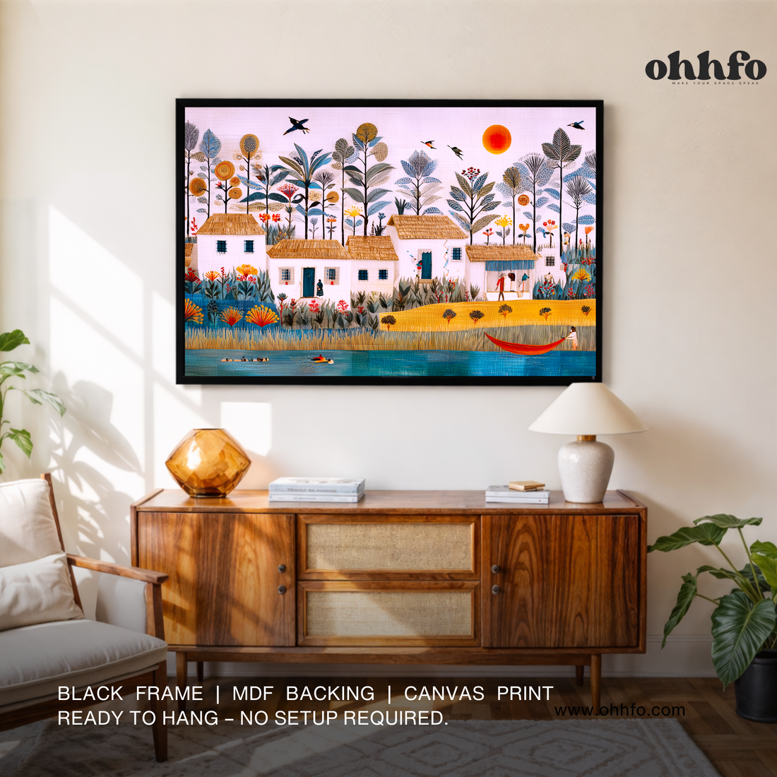 Tropical Village Life – Folk Art Canvas Wall Art