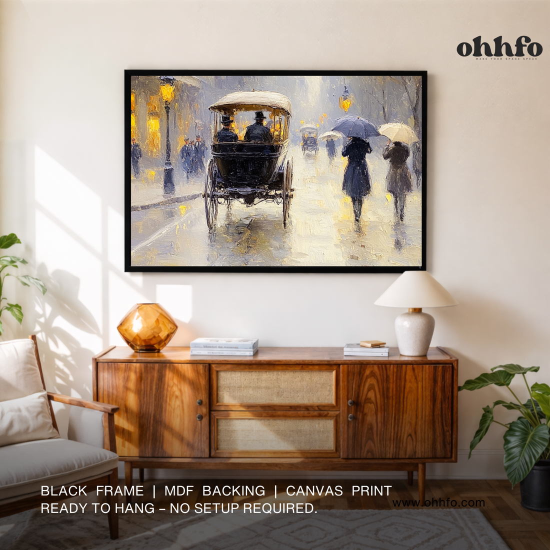 Vintage Rainy Street Carriage Canvas Wall Art – Classic European Evening Scene Painting