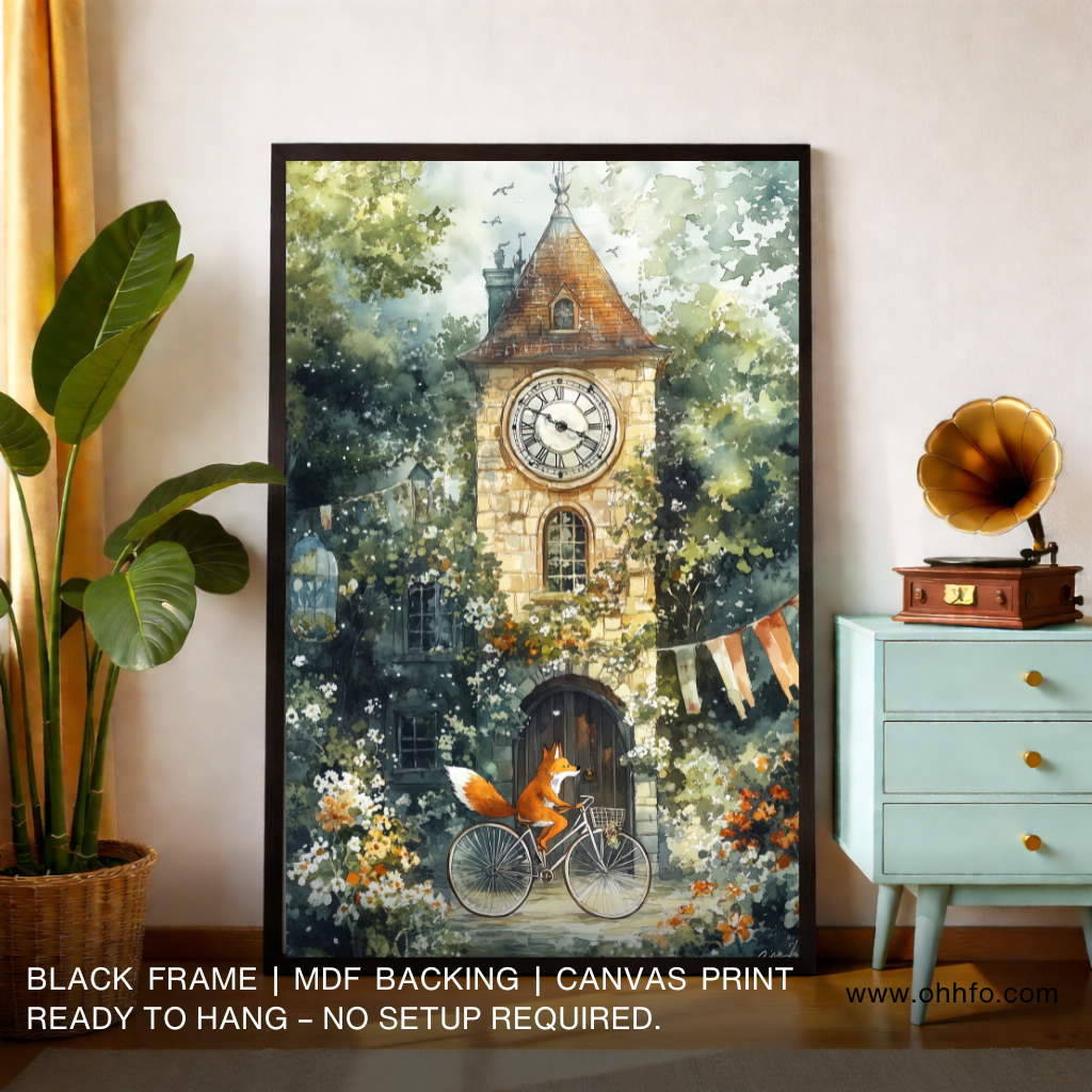 Whimsical Fox Clock Tower Canvas Wall Art