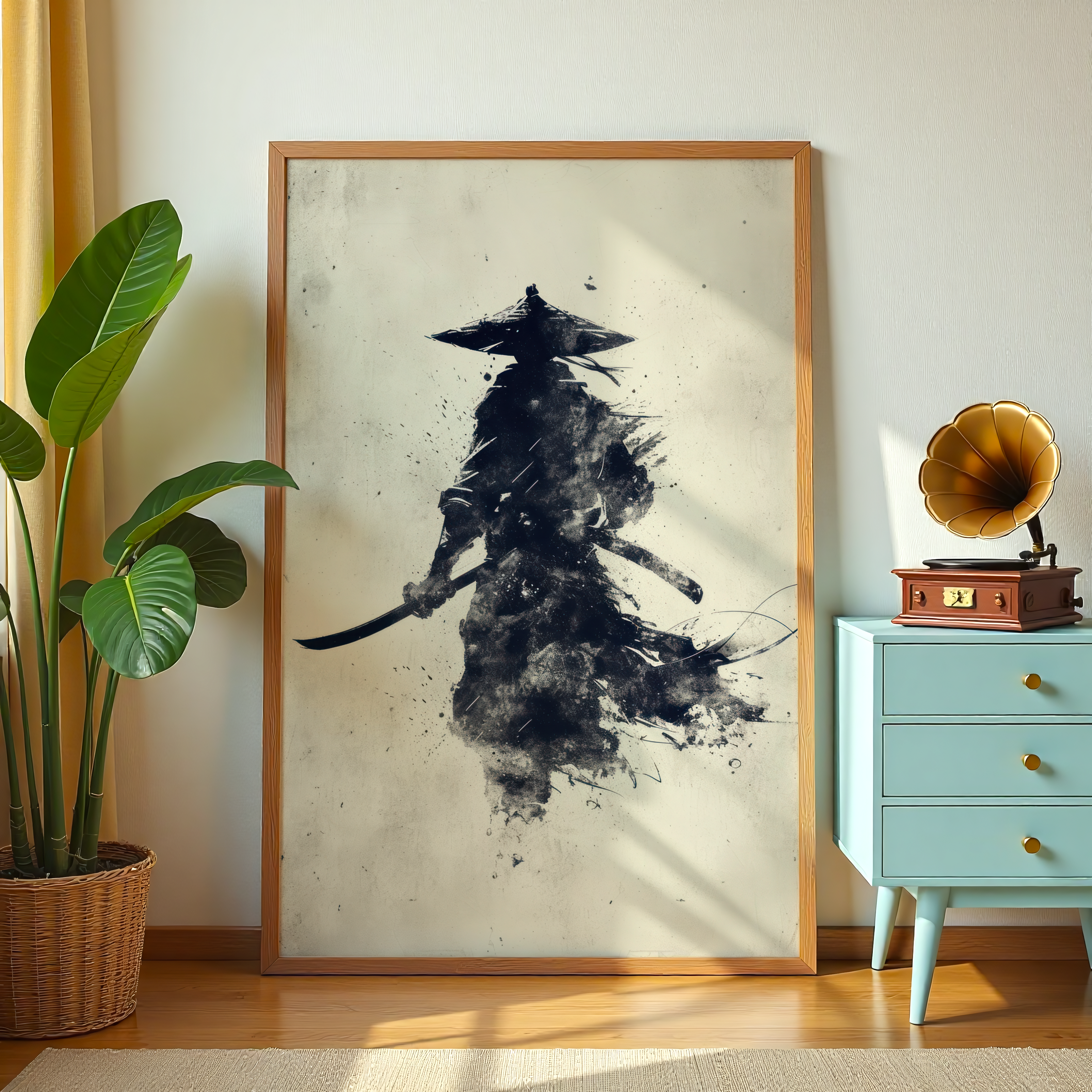 Black ink samurai silhouette wall art with sword and traditional straw hat