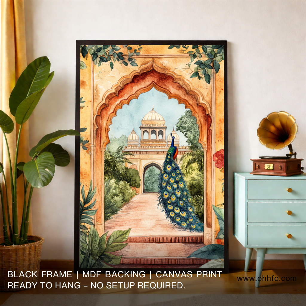 Peacock in Mughal Garden Arch Canvas Wall Art