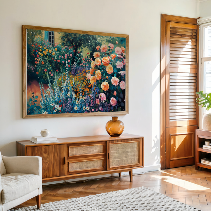 Blooming garden floral wall art canvas with colorful flowers and lush greenery