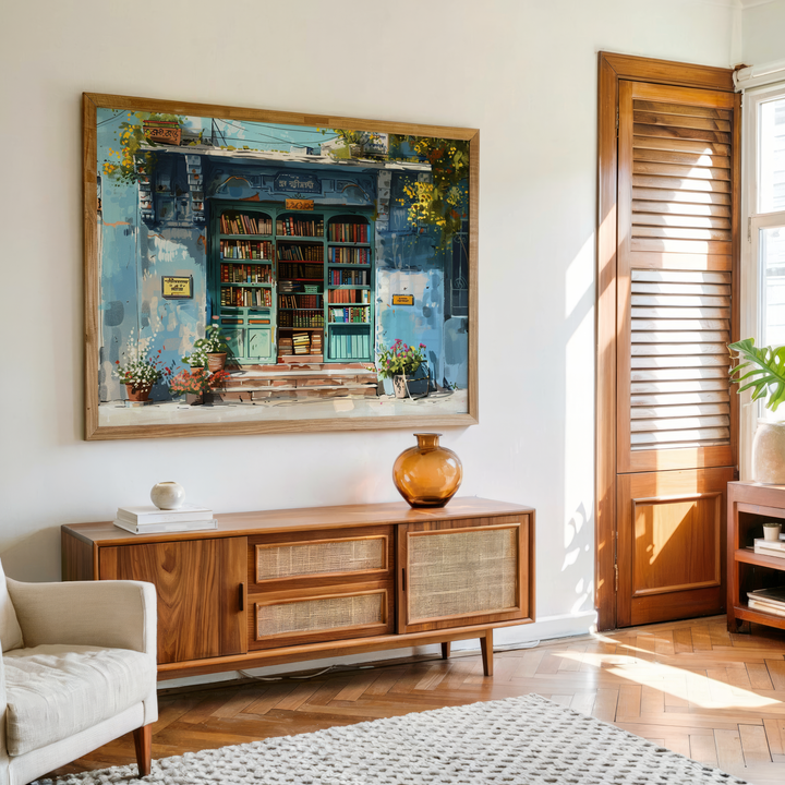 Framed blue bookstore canvas wall art styled in modern living room with cozy décor