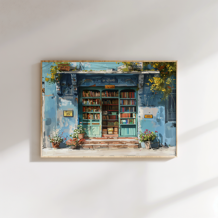 Blue bookstore canvas wall art with vintage rustic charm framed for living room décor