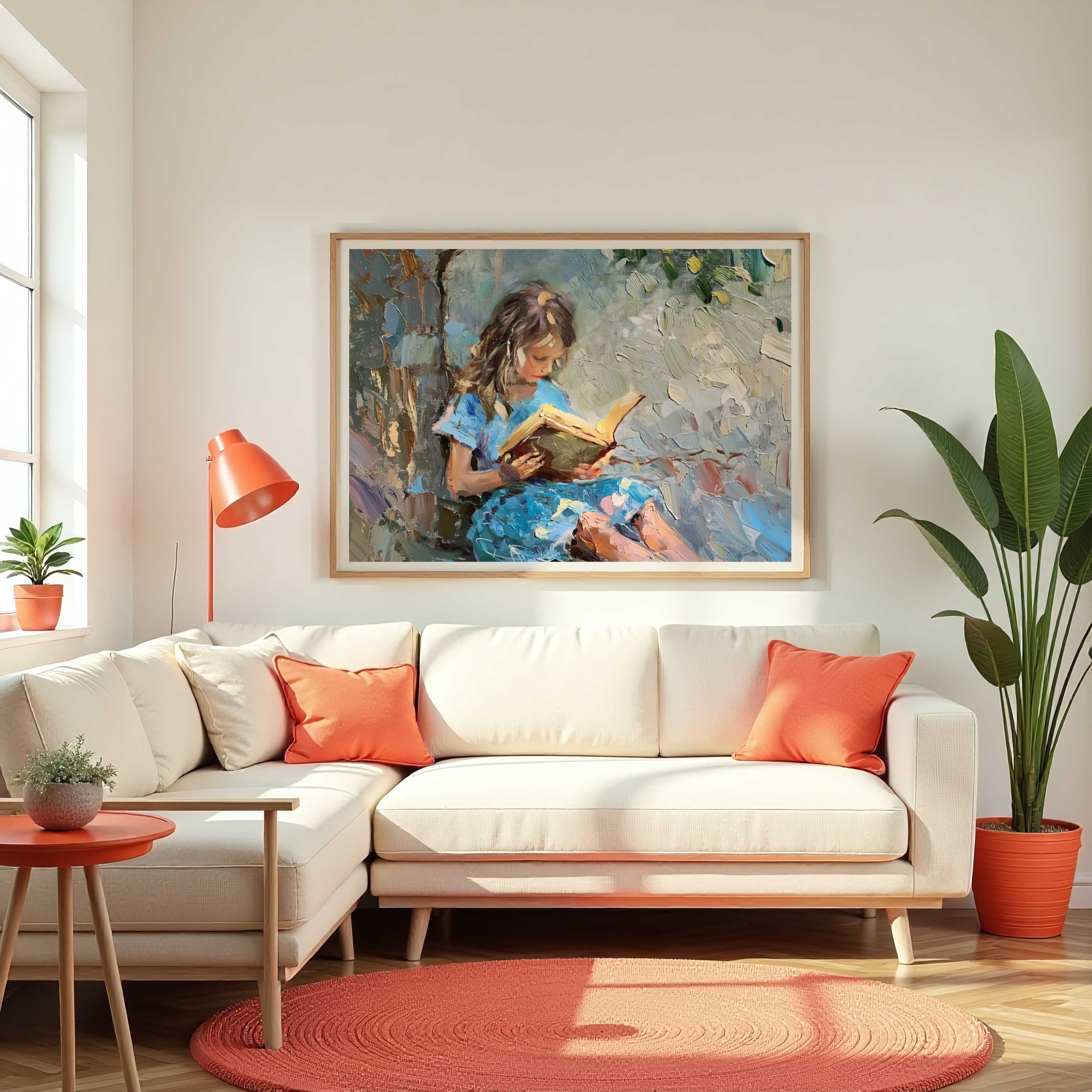 Textured canvas wall art of a child reading outdoors, soft pastel tones