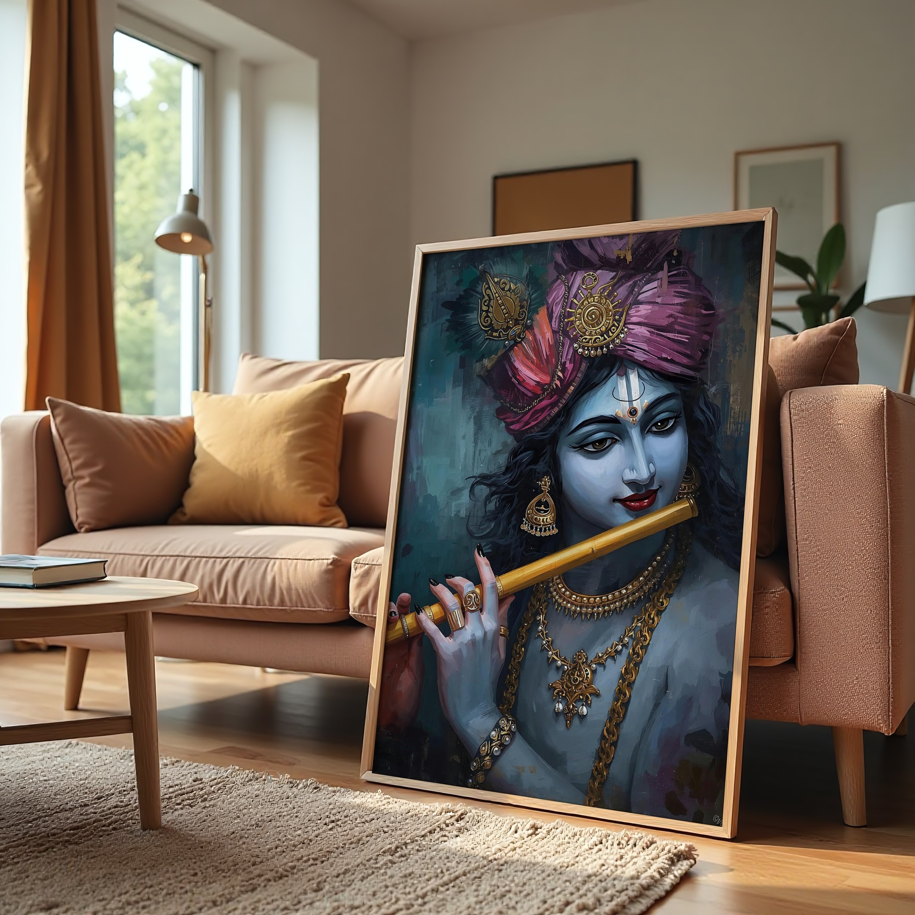 Abstract Blue Krishna holding flute in half-body portrait on canvas
