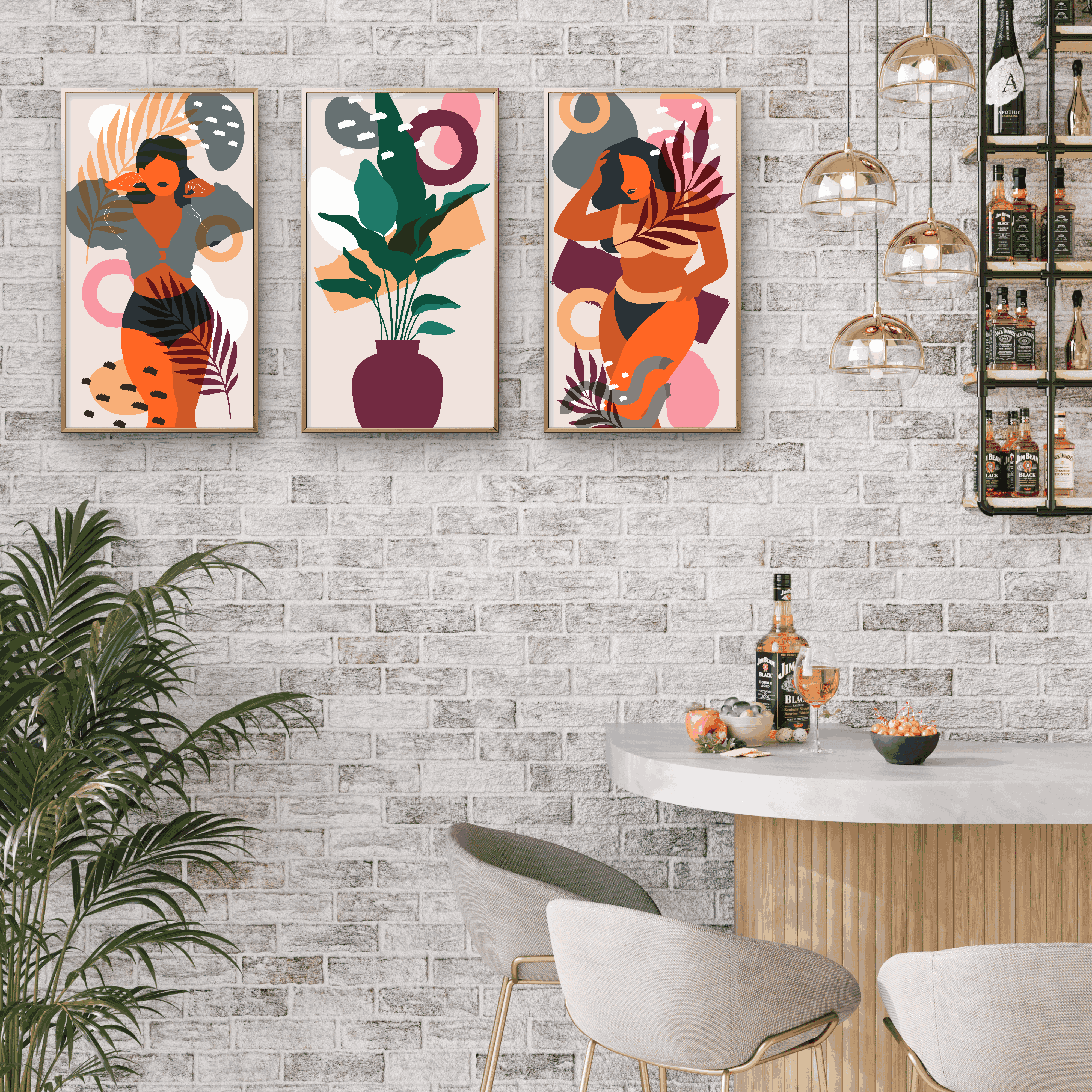 Abstract boho art print of a woman in terracotta and grey tones with bold shapes