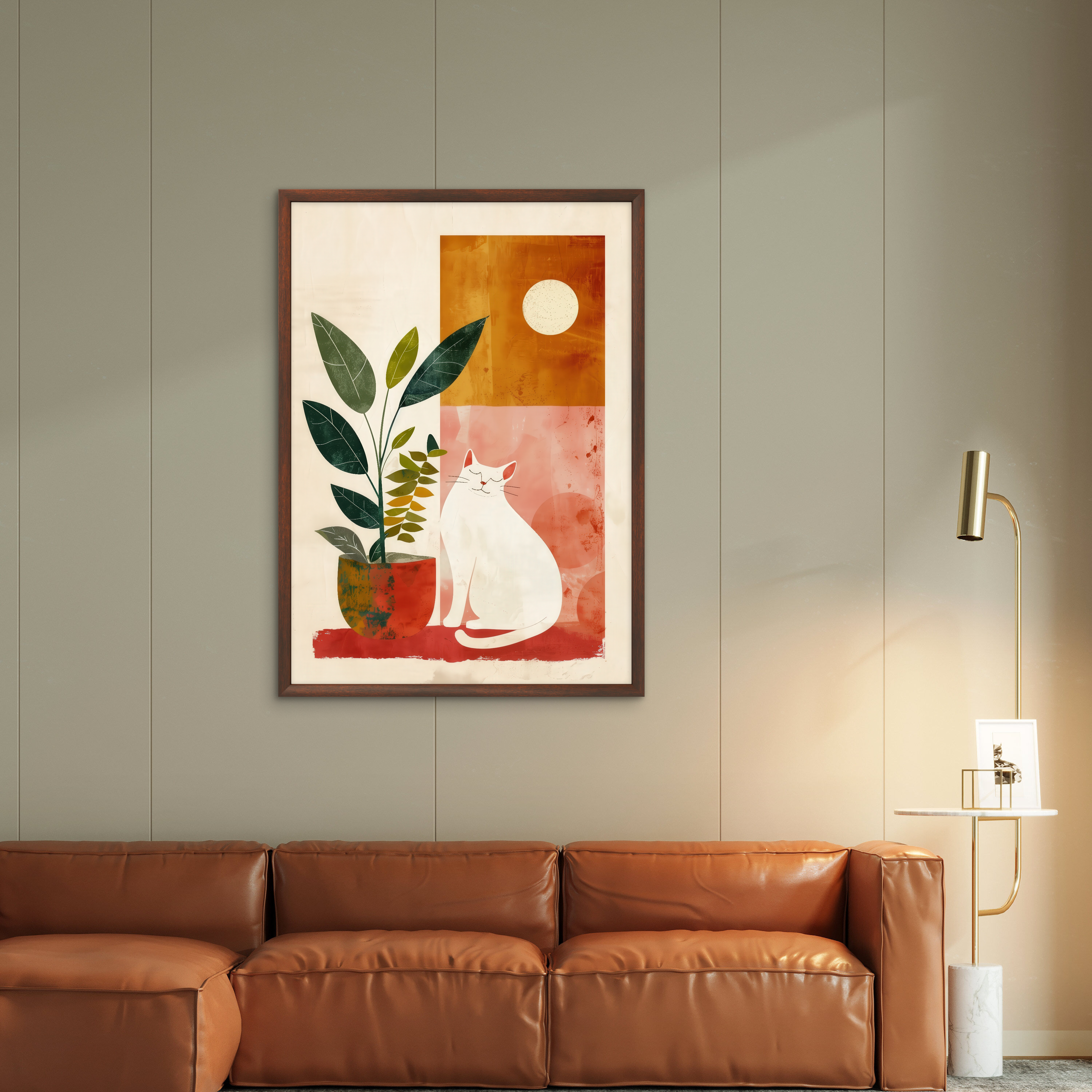 Botanical Bliss – Minimal Cat Art with Plant and Sun