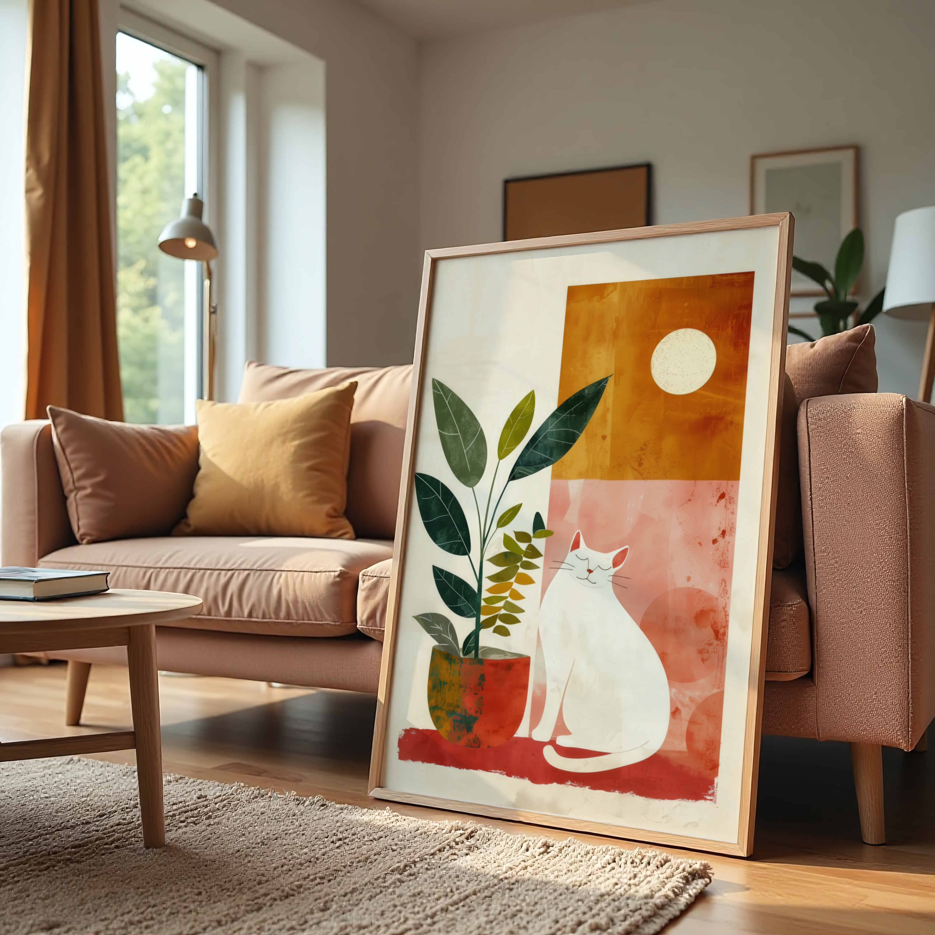 Boho cat wall art with plant in terracotta pot and sun background