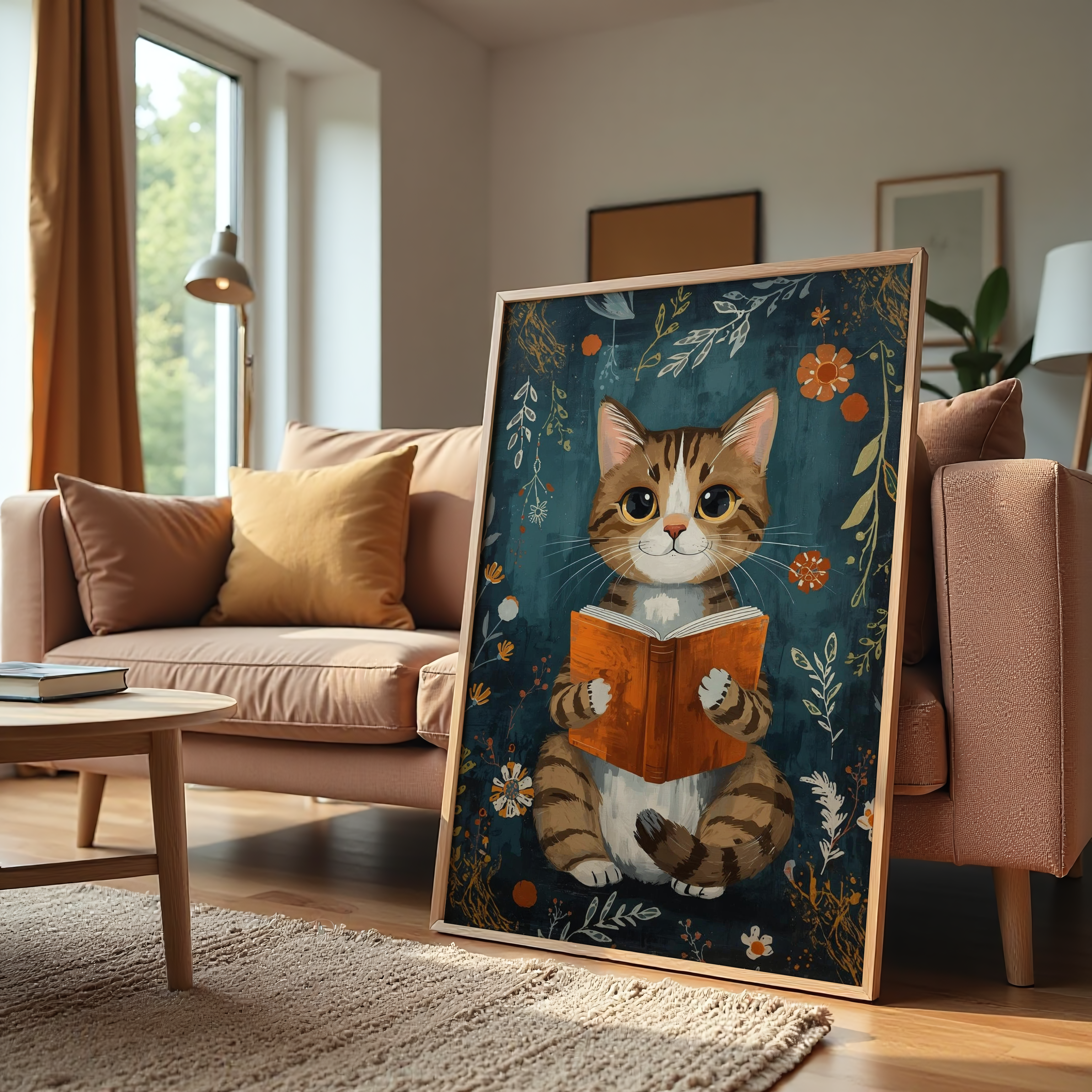 Boho-style cat reading book canvas painting with dark teal floral background