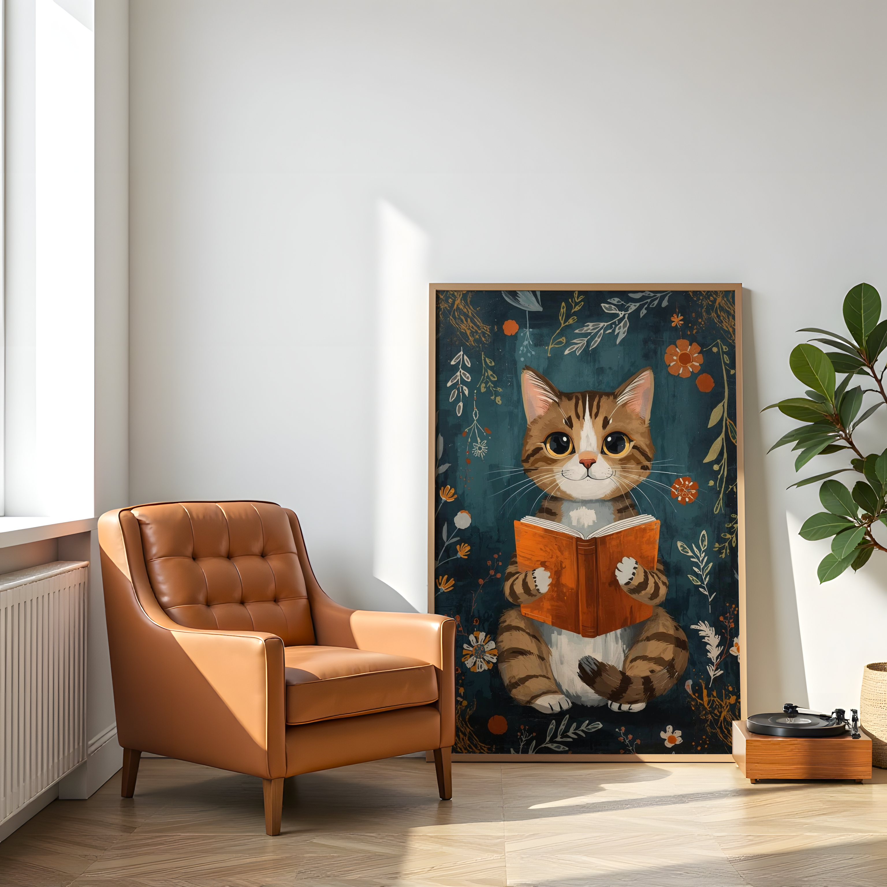 Cute brown-and-white cat holding mustard book boho wall art
