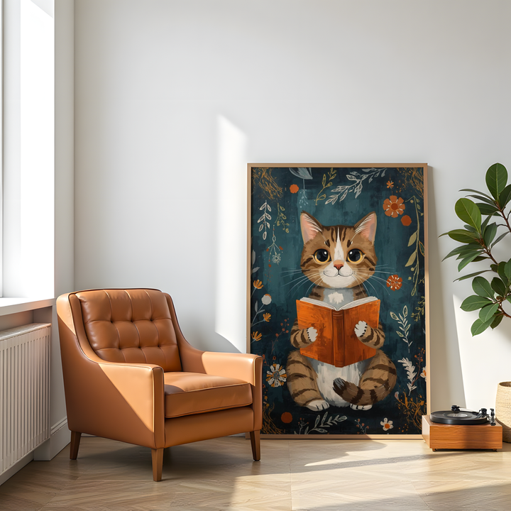 Cute brown-and-white cat holding mustard book boho wall art