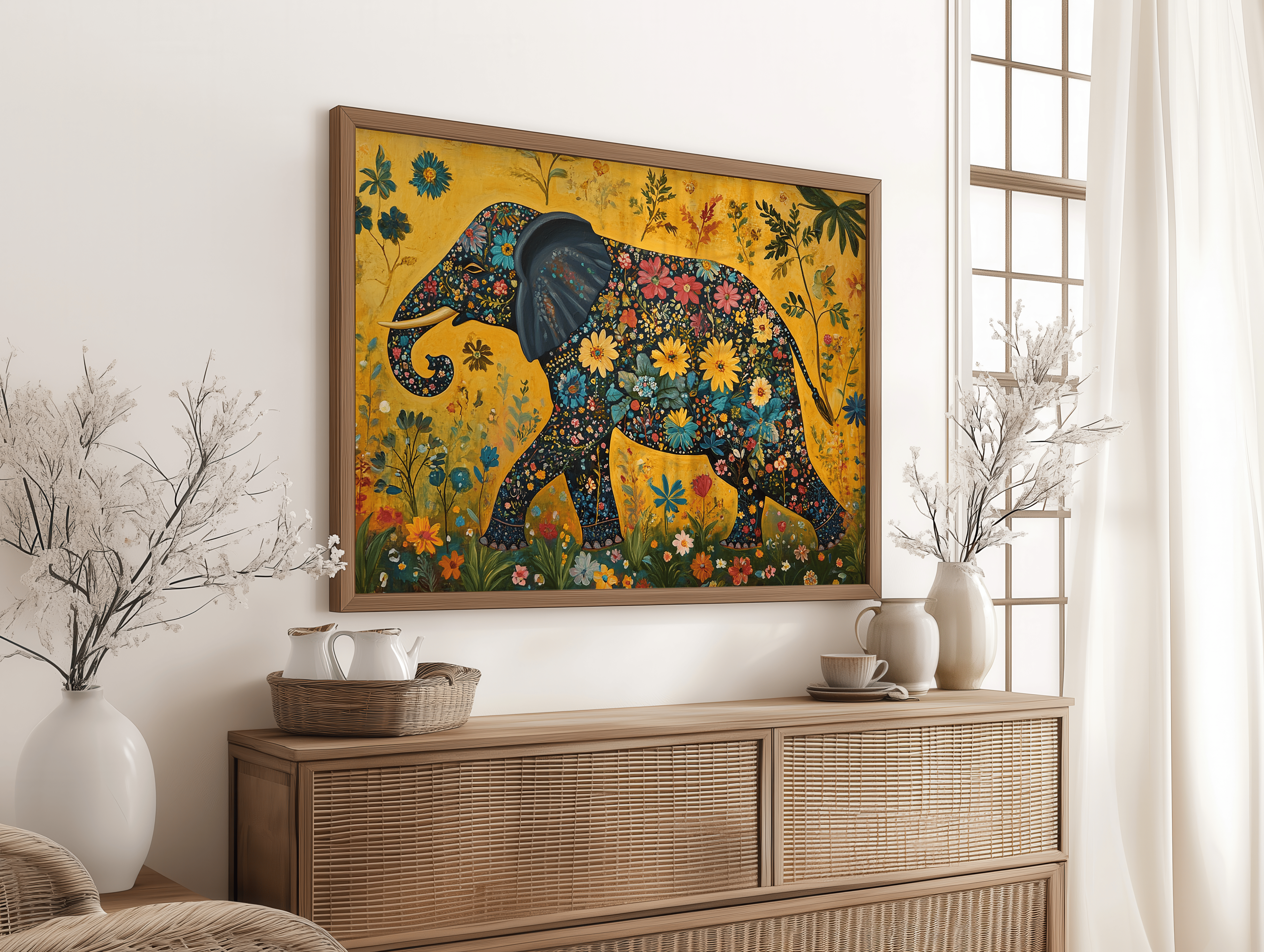 Colorful elephant wall décor with floral jungle-inspired artwork.