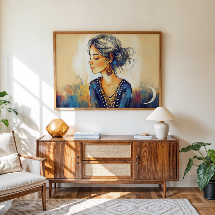 Boho girl portrait wall art of young woman with closed eyes in blue kurta