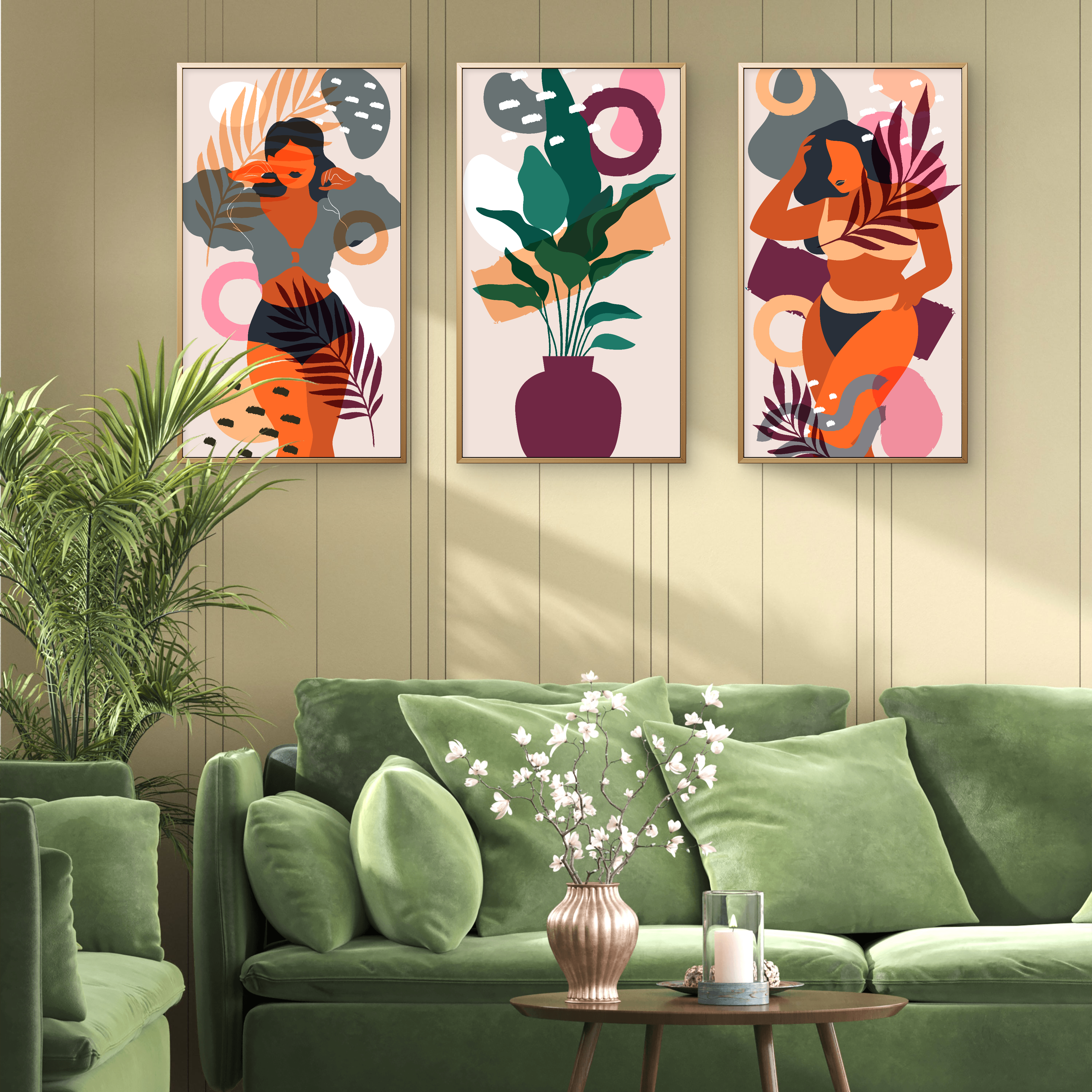 Modern botanical print in a plum vase with abstract circle accents