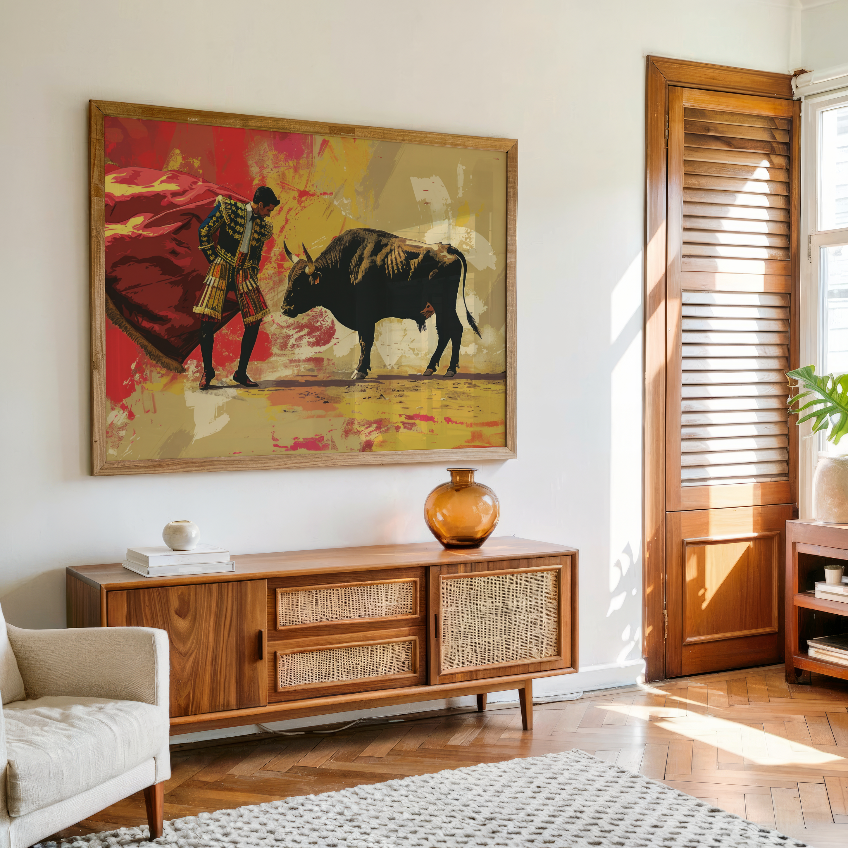 Matador facing bull in vibrant red and gold canvas wall art