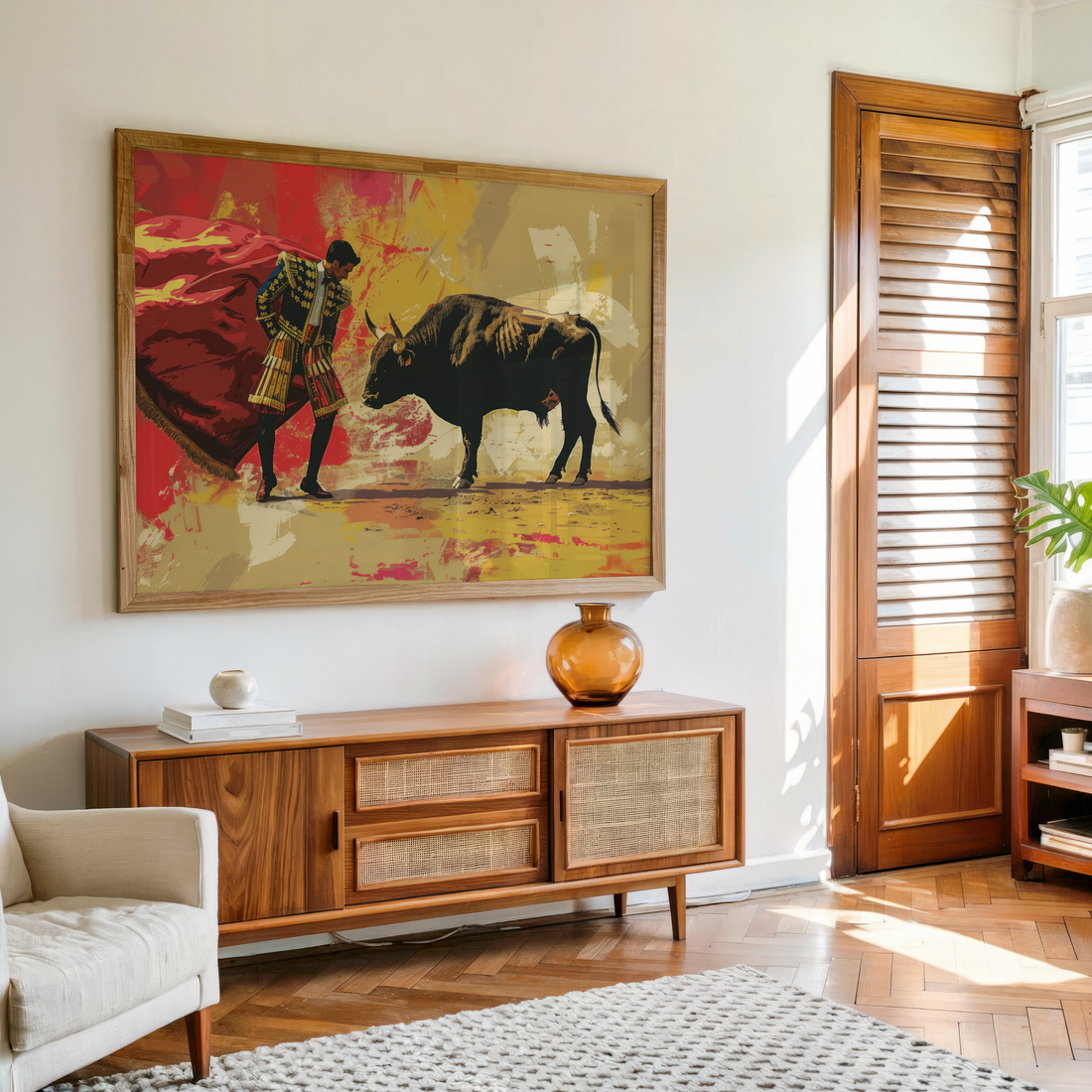 Matador facing bull in vibrant red and gold canvas wall art