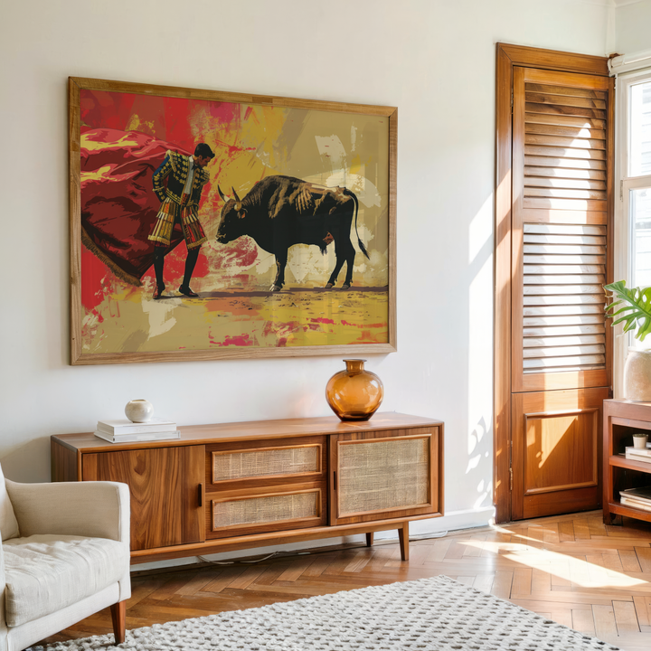 Matador facing bull in vibrant red and gold canvas wall art